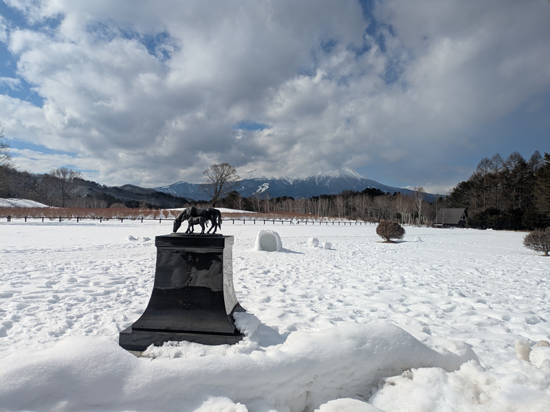 雪の開田高原、木曾馬の里。