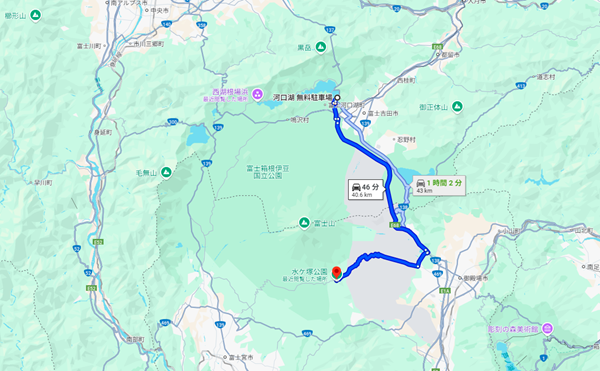 河口湖無料駐車場から水ケ塚公園までの地図