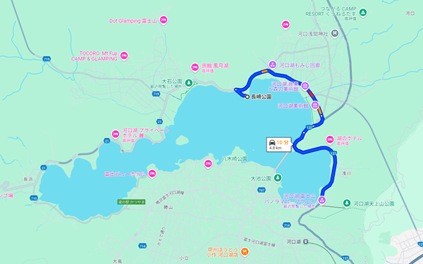 河口湖の長崎公園から富士山パノラマロープウェイ近くの河口湖 無料駐車場へ。