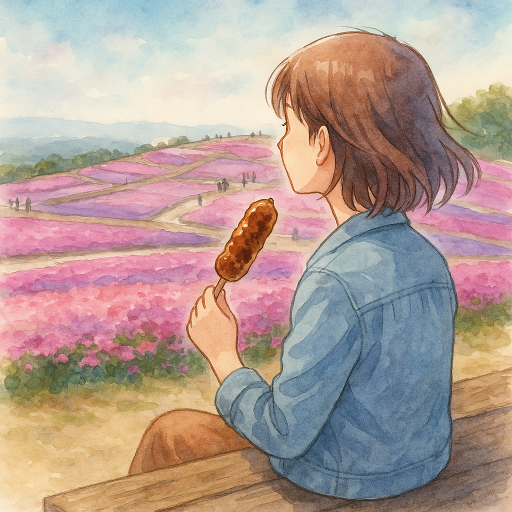 五平餅を食しながら、茶臼山高原の芝桜を見ているイメージ