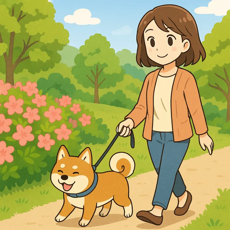 犬と散歩しながらつつじを見る