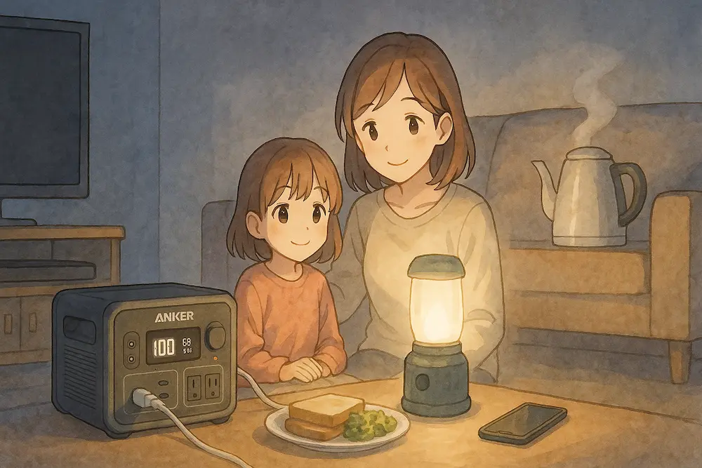 小さな女の子とお母さんがリビングでLEDランタン&ポタ電を囲む