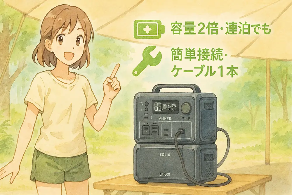 Anker Solix C1000とその右側にマッチするように接続されたBranded BP1000拡張バッテリー軽装の美少女キャラが「これで容量2倍!」と笑顔で指さすポーズ
