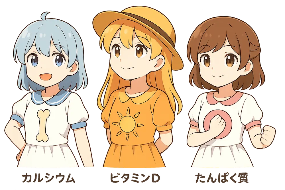 カルシウム・ビタミンD・たんぱく質ちゃん