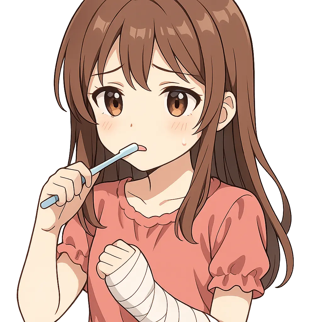 手に包帯を巻いていてうまく歯が磨けないイメージ