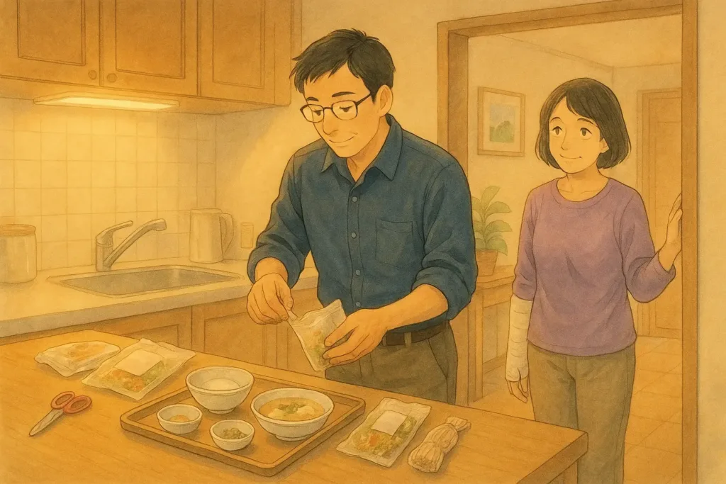 火を使う前に器を並べておき、袋も先に開けておく——。
夕方のキッチンで、まりが右手を包帯で固定したまま入口に立ち、カウンターでまことが器や乾物を並べて段取りしている様子