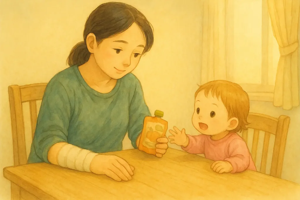 左手だけで離乳食パウチを開け、喜ぶみいちゃんに見せるしおり。右手は包帯で固定され、太ももの上に休ませている。