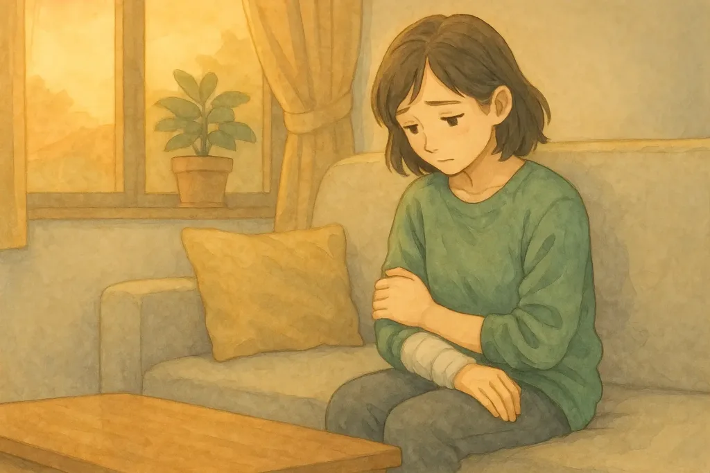 片手に包帯を巻いた女性が、もう一方の手でその腕をそっとさすりながら、静かに考え込んでいる水彩タッチのイラスト。 A woman with a bandaged arm sits on a sofa, gently holding her injured arm with her healthy hand and looking down thoughtfully in a soft watercolor style.