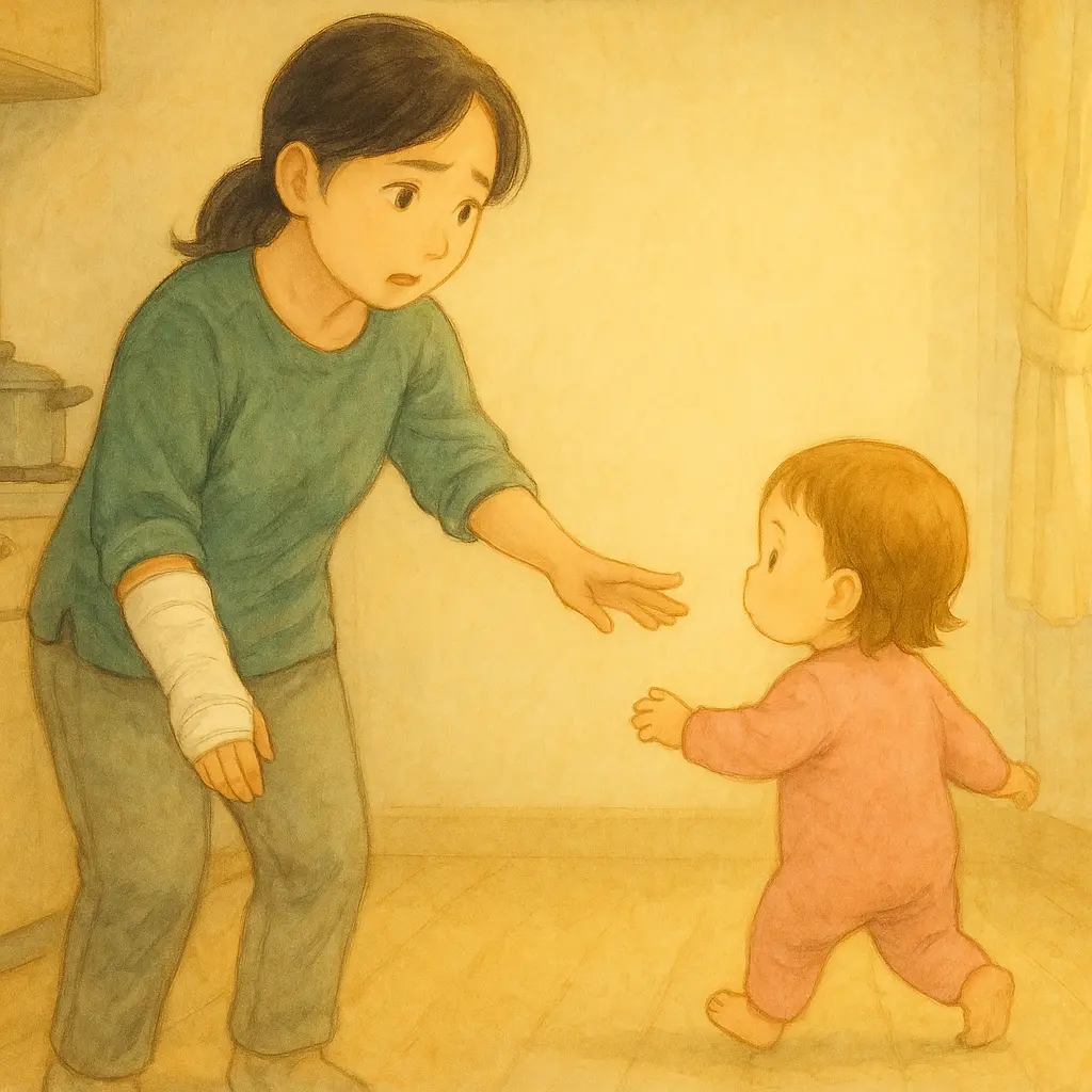 キッチンへ向かって歩くみいちゃんを、しおりが左手だけで止めようとし、右手のギプスは体の横で動かせないままの様子。