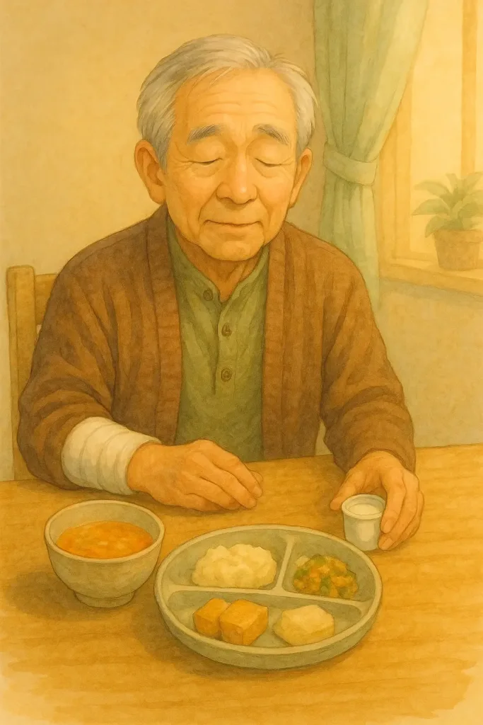 ポタージュやヨーグルト、細かく刻んだ煮物など“むせにくい食材”を前に、しげるがそっと安心した表情を見せる様子