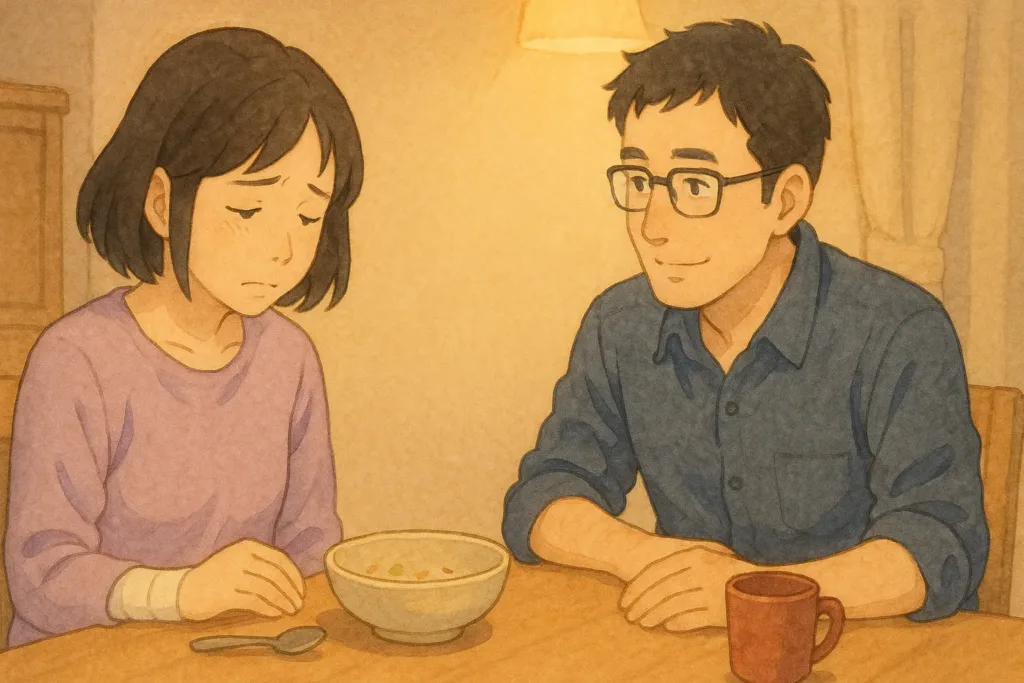 食後のテーブルで、まりが少しうつむき「ごめんね」と伝え、まことが落ち着いた優しい表情で寄り添っている様子。