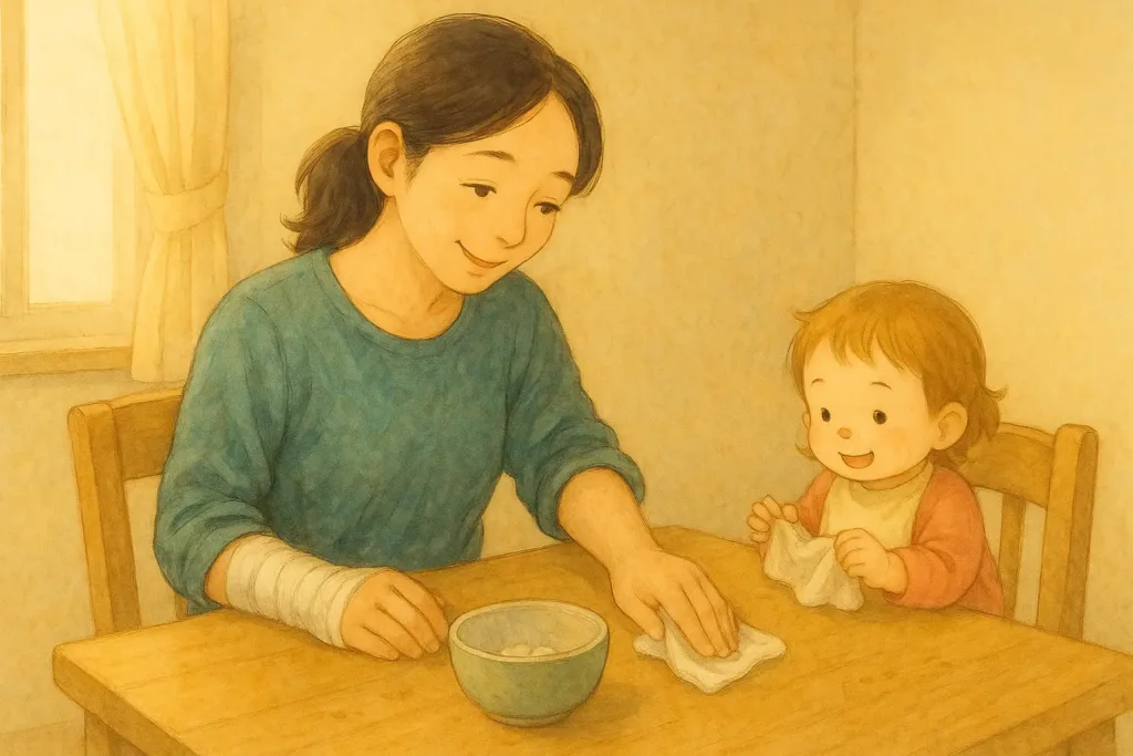 右手をギプスで固定したしおりが、片方の手に布巾を持ってテーブルを拭きながら、両手で小さな布巾を握って「ふきふき」するみいちゃんを見てほほえんでいる様子。