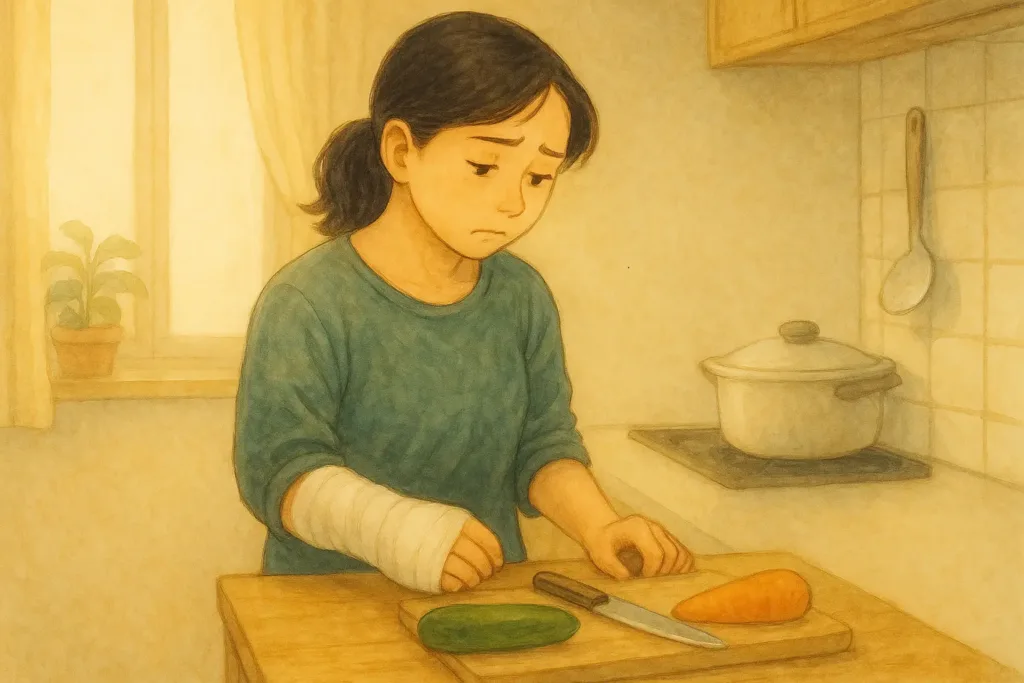 右手を厚いギプスで固定したしおりが、包丁を使えずに切り物をあきらめてキッチンで立ち尽くしている様子。右手は体の横で完全に空のまま。