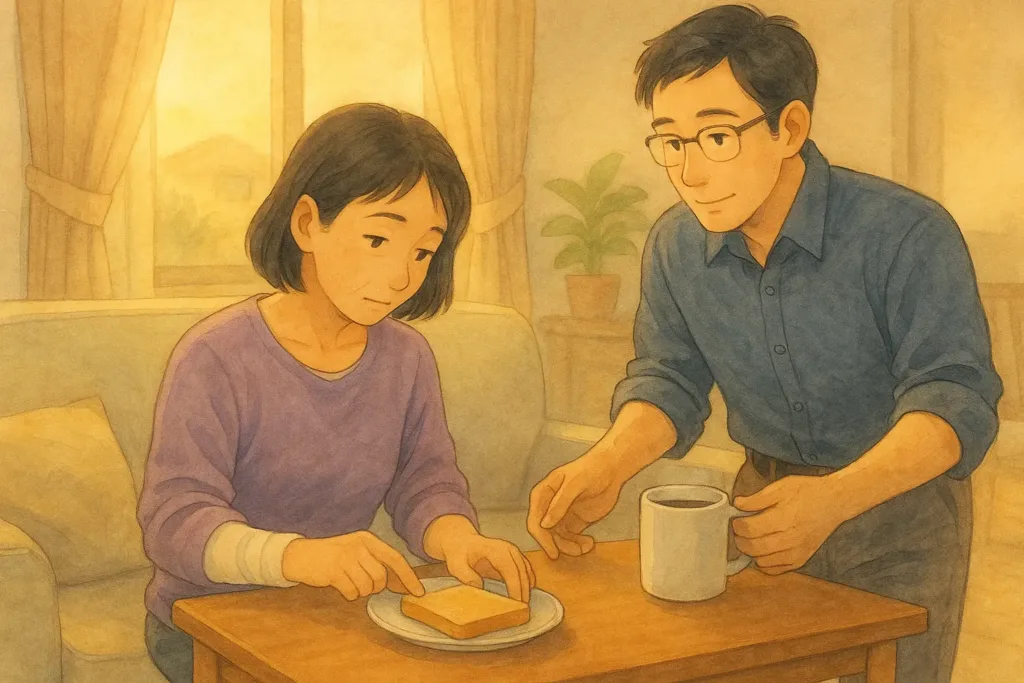 右手を骨折したまりが、左手で朝のパンをそっと寄せようとしている。
まことが湯気の立つコーヒーを静かにテーブルへ置き、
朝の柔らかな光がふたりを照らす優しいワンシーン。