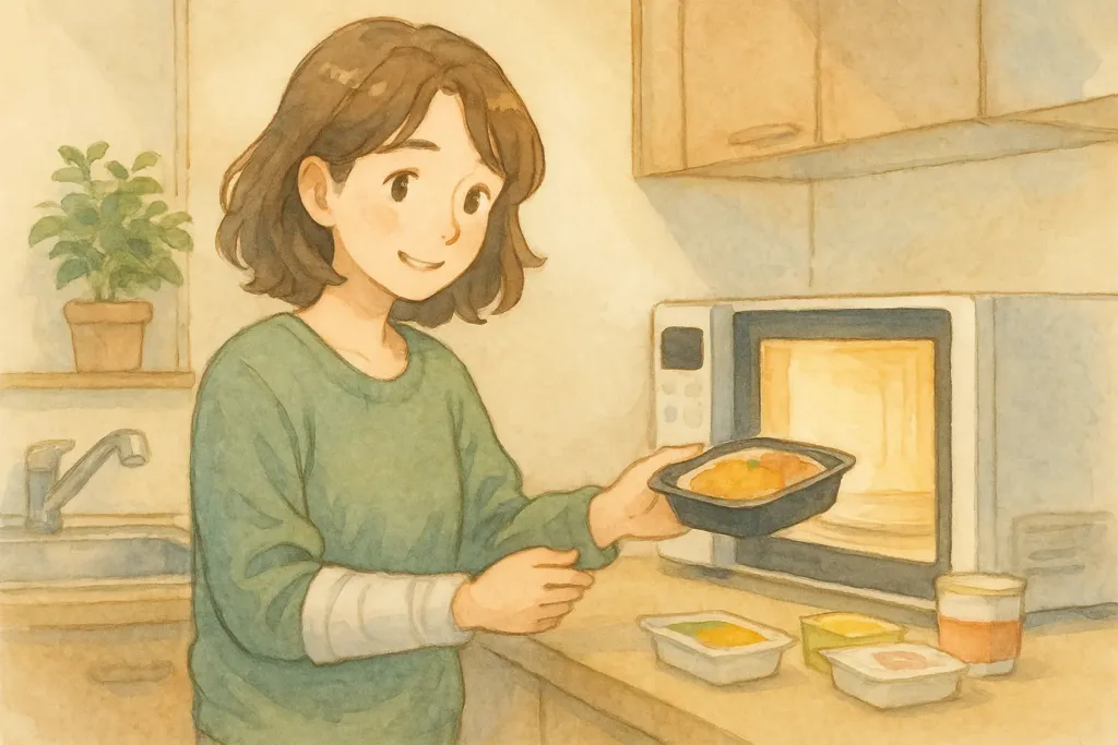 右手を骨折して包帯で固定した女性が、動かせない右手をテーブルに添えながら、左手だけで電子レンジから温めた容器を取り出している水彩イラスト。少しつらそうだが前向きに家事をこなしている様子が伝わる。