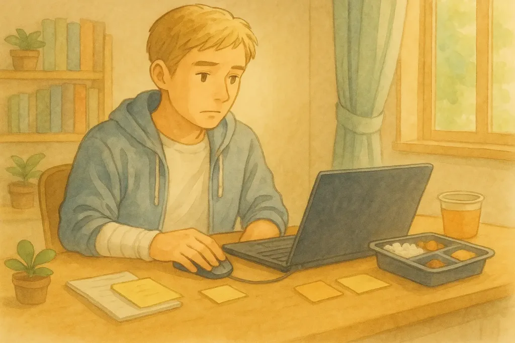 在宅ワーク中のはるとが、デスクの前で悩みながら食事を見つめている watercolor 風のイラスト。片手生活の大変さに気づき、思いをめぐらせている様子。