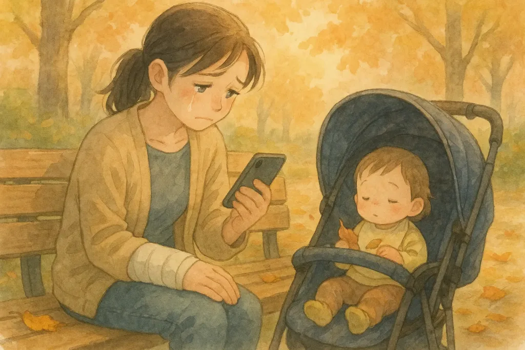 公園のベンチでスマホを握るしおり。ギプスで固定した片方の手は膝の上で空のまま、ベビーカーの中のみいちゃんのそばで「大丈夫」と打ってしまった自分に、涙をこらえている表情。