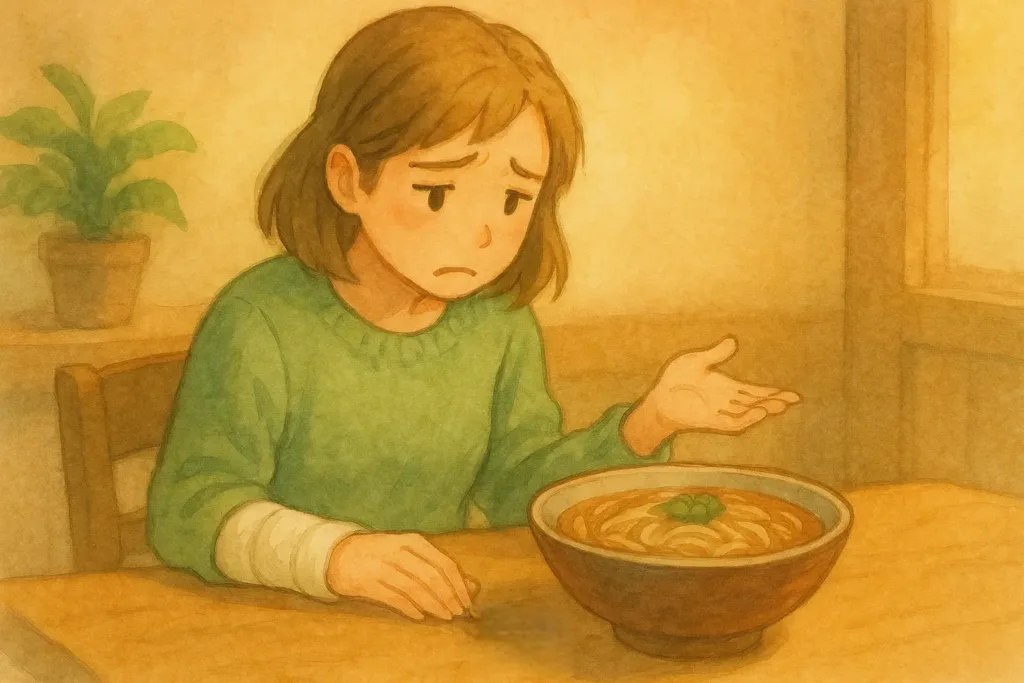 右手をギプス固定したあかりが、外食のラーメンを前に困った表情で座っているイラスト。片手では器を支えられず、どう食べようか迷っている様子。