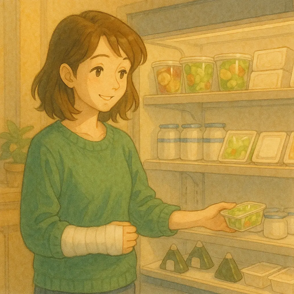 右手を使えないあかりが、左手だけでコンビニの棚からサラダを選び、前向きに食生活を見直そうとしている瞬間。