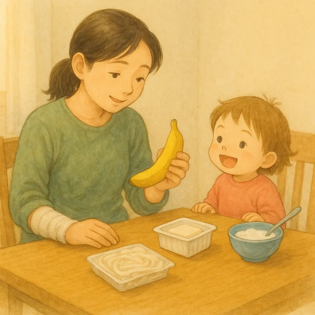 しおりが左手でバナナを手に取り、テーブルにはそのまま食べられる食材(ヨーグルト・豆腐・冷凍うどん)が並んでいる。右手は包帯で固定され、そっと膝に置かれている場面。子どもが横で安心した表情で見ている。