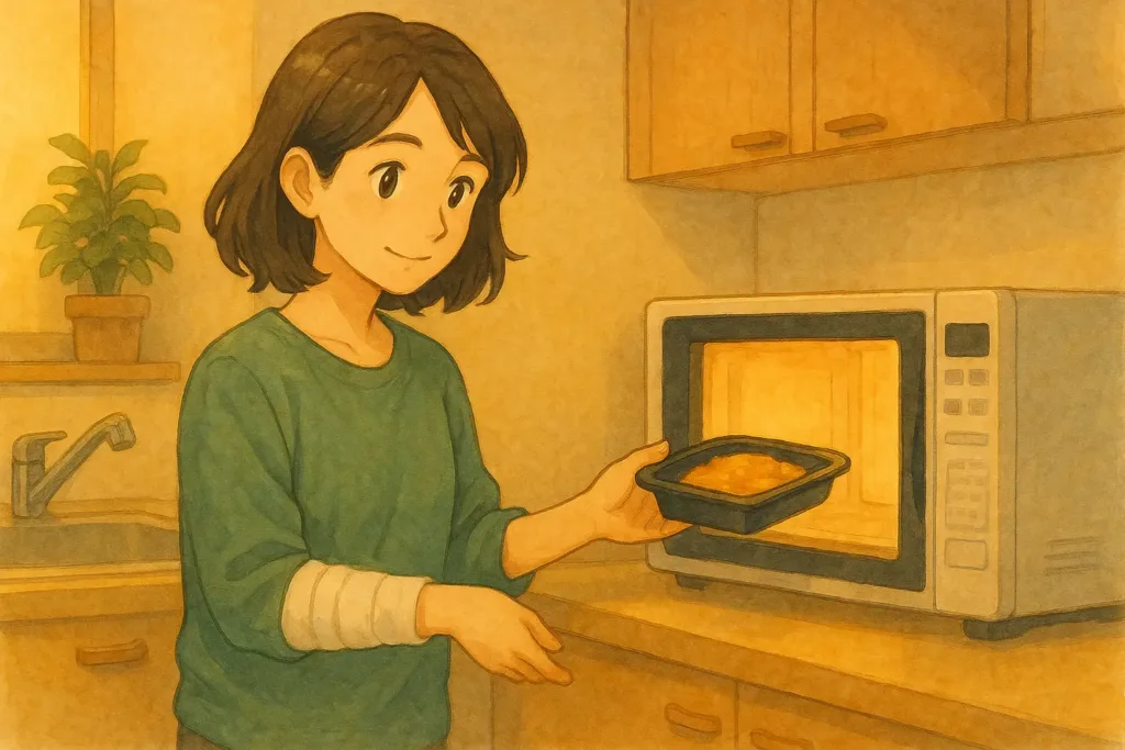 片手に包帯を巻いた女性が、健康なほうの手だけで電子レンジにお弁当を入れようとしている水彩イラスト。