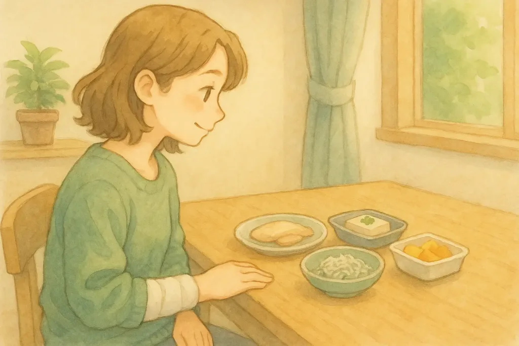 蒸し鶏・豆腐・しらす・カットフルーツなど片手で食べやすい治癒食がテーブルに並び、右手をギプスで固定したあかりが後ろからやさしく見つめている watercolor 風のイラスト。