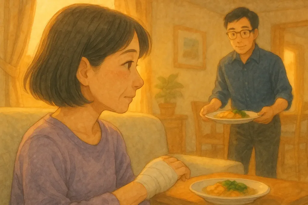 右手を包帯で固定したまりが横向きに座り、奥でまことが夕食を運んでくる夕暮れのリビングの様子