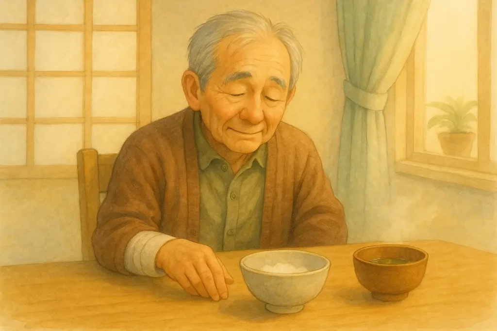 奥さんの茶碗を前にしながら、浅い器のほうをそっと見つめて考え込むしげるの朝の食卓