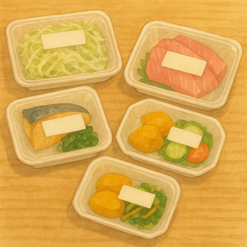 野菜・煮物・魚など少量パックのお惣菜が、木目のテーブルにゆったり並んでいる様子