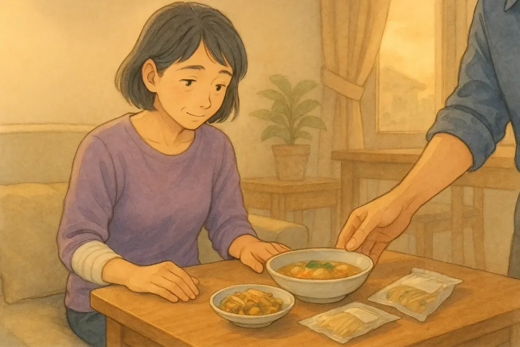 夕方のリビングで、右手を包帯で固定したまりが、左側に寄せられた器と食べやすい配置の食卓に向かい、そっと姿勢を整えている様子。左手で届きやすい位置に浅い皿が置かれ、温かな明かりの中に“無理しない工夫”がにじむ。