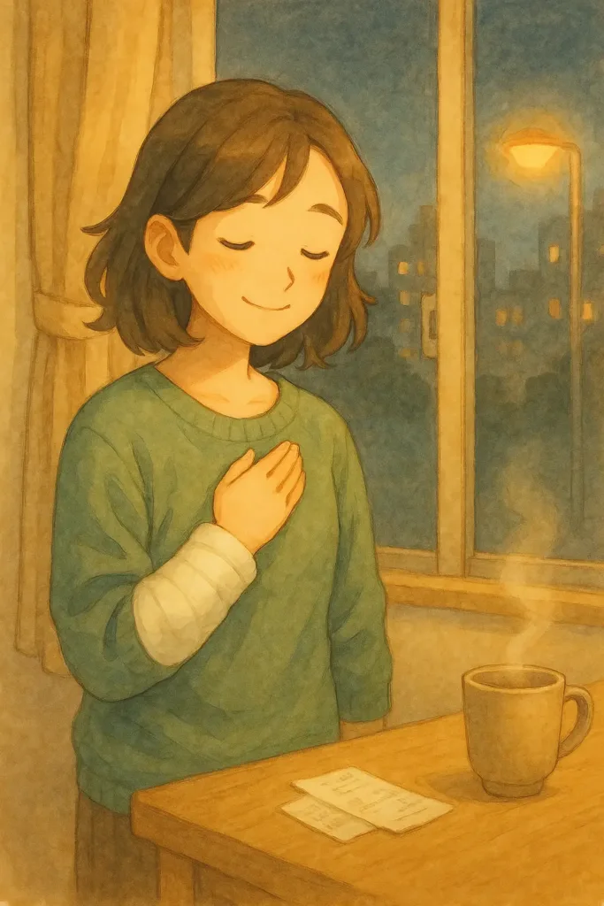 夜風の入る窓辺で胸に手を当て、右手を包帯で固定したあかりが静かに今日を受け入れている様子。