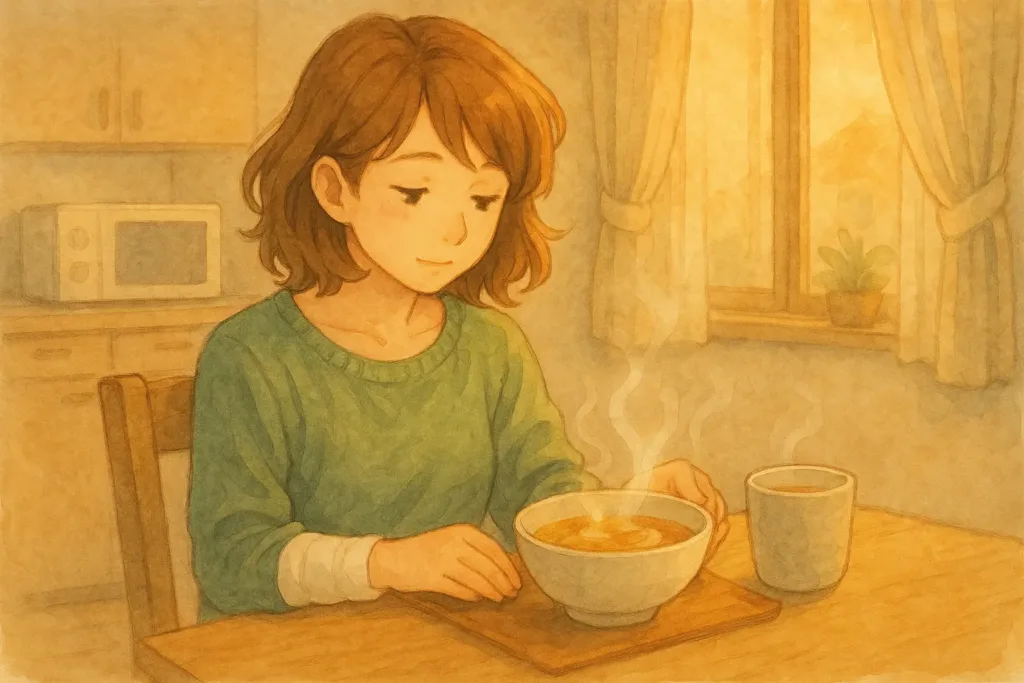 右手に包帯を巻いたあかりが、一人暮らしの部屋で湯気の立つスープ1品と飲み物だけを前に、ほっとした表情で座っている水彩タッチのイラスト。