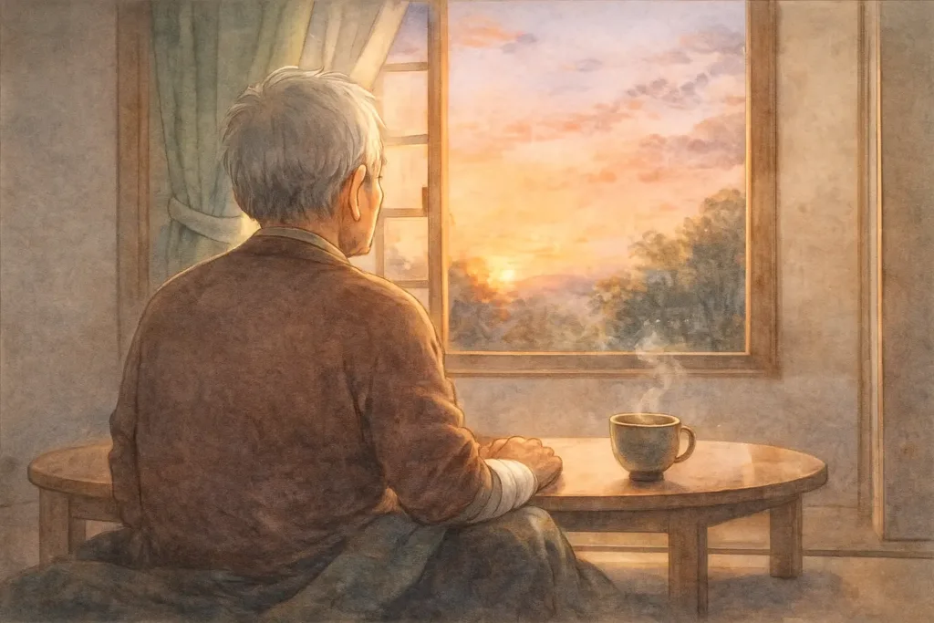 夕暮れの窓辺で、右手を休ませながら静かに外を見つめるしげるの後ろ姿