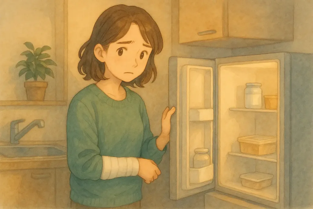 右手を骨折したあかりが、ものが少ない冷蔵庫を開けて小さく不安を抱える夕方のワンルーム。