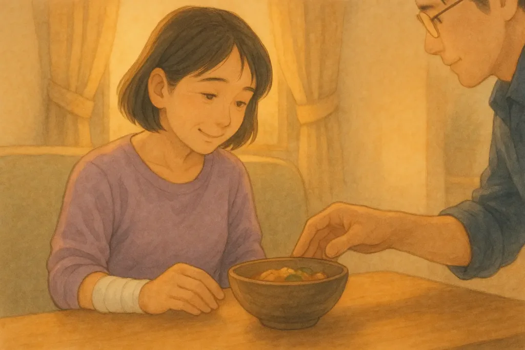 右手を包帯で固定したまりが、夕食のテーブルで丼を前にそっと手を止めている。
その横から、まことの手が器の角度を静かに回して、まりの左手が届きやすい位置に整えている。
あたたかい夕方の灯りの中で、まりの表情が少しだけほっと和らいでいる。