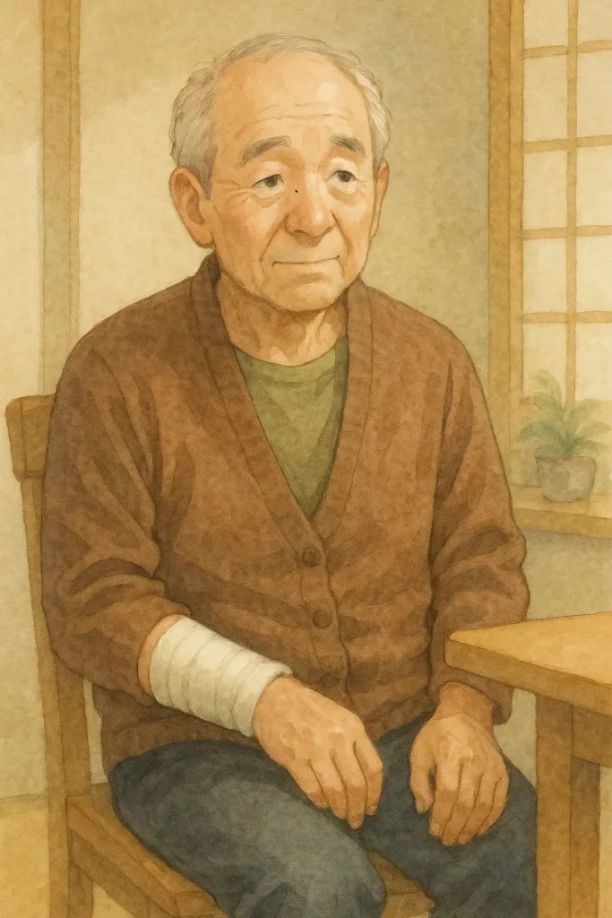 手を骨折したしげるが、座っている。