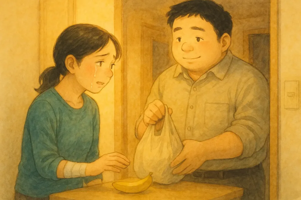 仕事帰りのゆうたがコンビニ袋を差し出し、右手をギプスで固定したしおりが、左手だけでそっと受け取ろうとして涙ぐんでいる夜の玄関シーン。