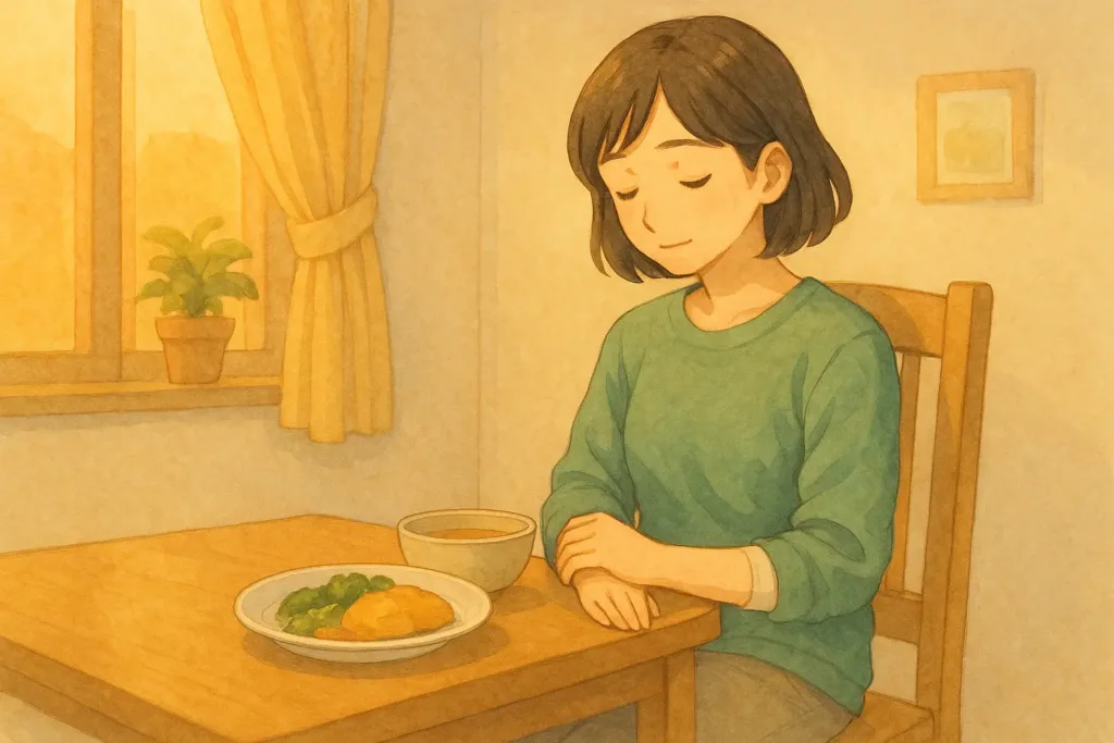 片手に包帯を巻いた女性が、背もたれに軽くもたれながら、健康なほうの手で器を支えて食事の姿勢を整えている水彩イラスト。