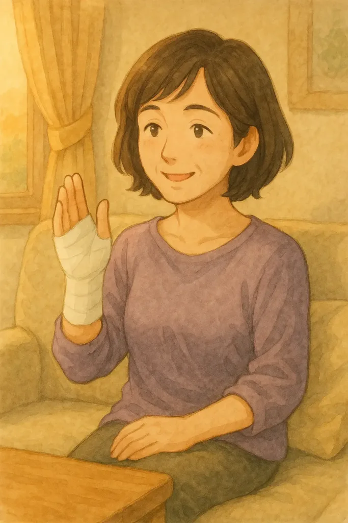 右手に包帯を巻いたまりが、ソファに座ってその手を少し持ち上げて見せながら、やさしく笑っている水彩タッチのイラスト。