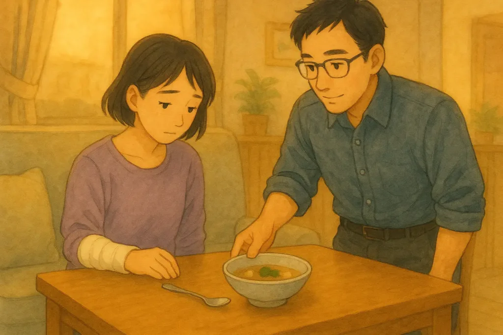 夕食のテーブルで、まりの左手がスプーンの前で止まり、まことが静かに器の向きを整えてあげている瞬間。