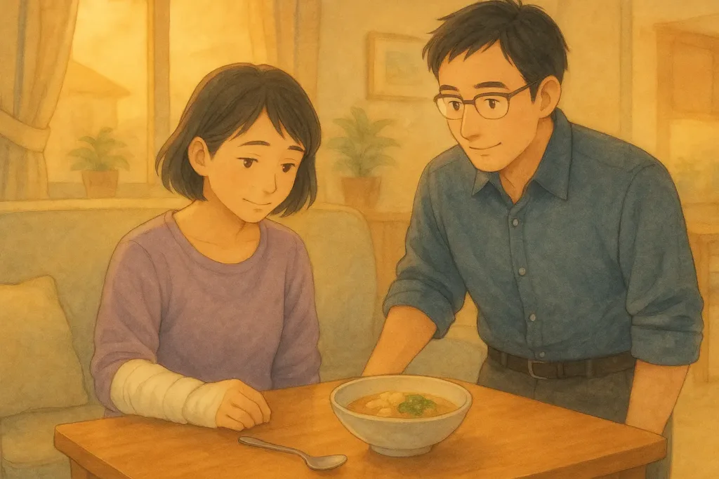 まりの横で、まことがそっと寄り添いながら見守っている。まりは右手をかばいながら、少しだけ安心した表情で夕食の器を見つめている。温かな室内灯のもと、静かな“支え”が伝わるワンシーン。