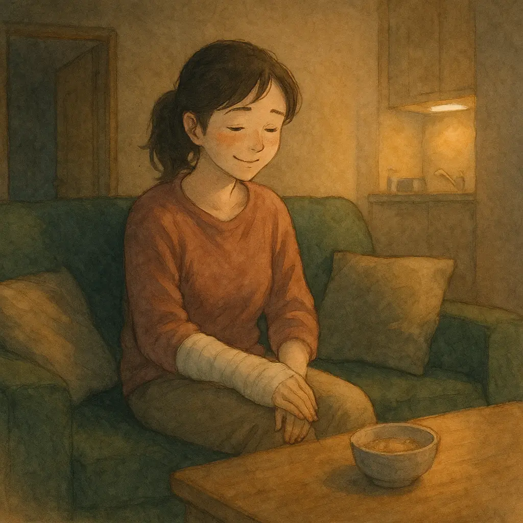 夜のリビングでひと息つくしおり。包帯した右手をそっと膝に置き、小さな灯りに照らされながら「今日の私は合格でいい」と自分を励ます静かなシーン。