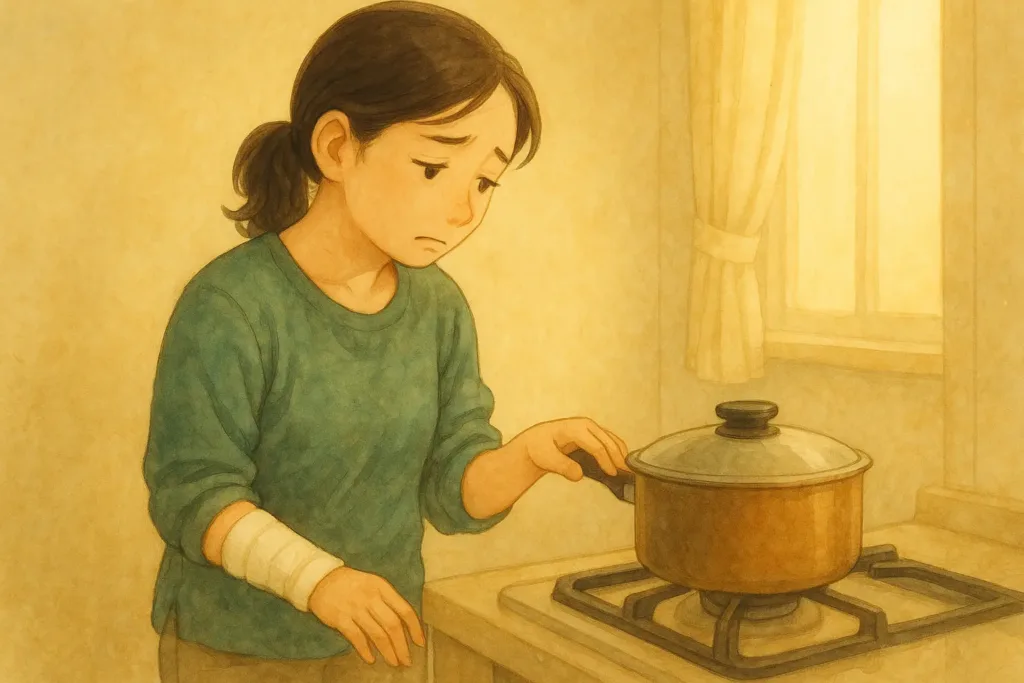 右手をギプスで固定したしおりが、火を使っていない鍋を左手だけでそっと触れ、不安そうに見つめている様子。