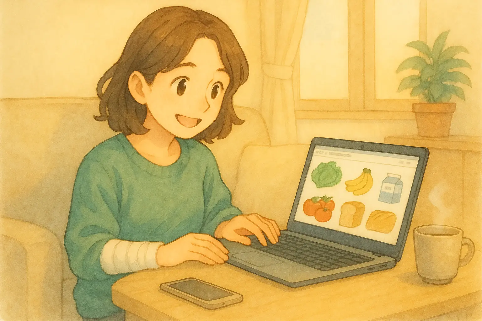 右手を骨折した一人暮らしの女性あかりが、左手だけでネットスーパーの食材を選んでいる様子