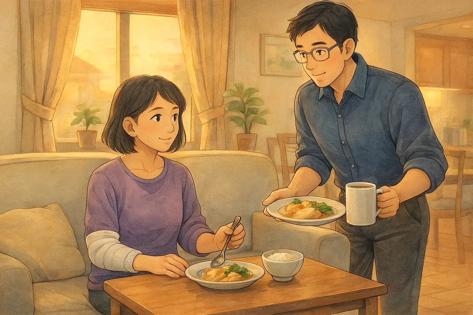 右手を固定したまりが、夕暮れのリビングでまことにそっと夕食を運んでもらう様子