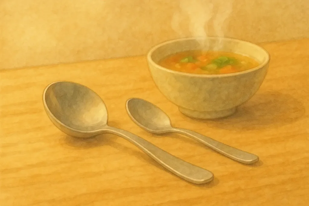 木のテーブルの上に、深めのスプーンと普通のスプーンが並び、その奥で湯気の立つスープの器が置かれている水彩タッチのイラスト。