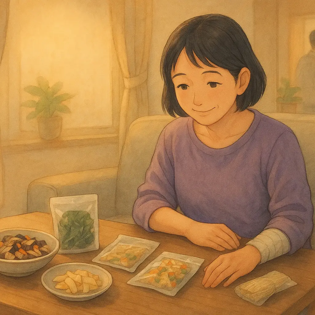 「夕方のリビングで、まりが右手を包帯で固定したまま、テーブルに並んだ乾物・ドライ野菜を静かに見つめている。器や袋が優しく配置され、温かい室内灯の中で“これなら片手でもなんとかなる”という安堵がにじむシーン。」