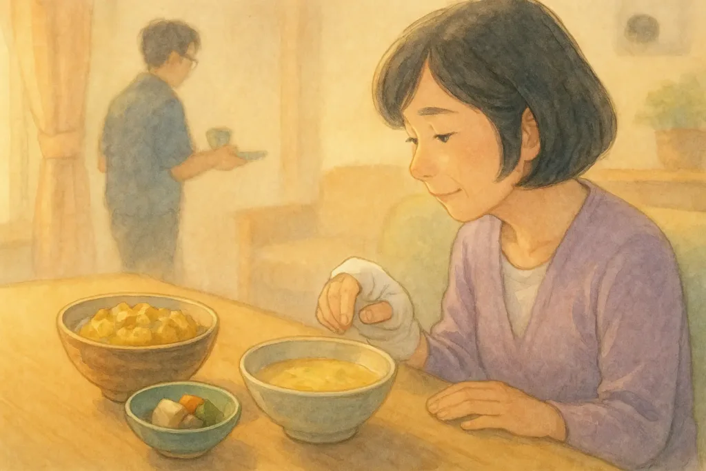 右手を包帯で固定したまりが並べられた丼・スープ・小鉢を前に、落ち着いた表情で夕食を選んでいる様子