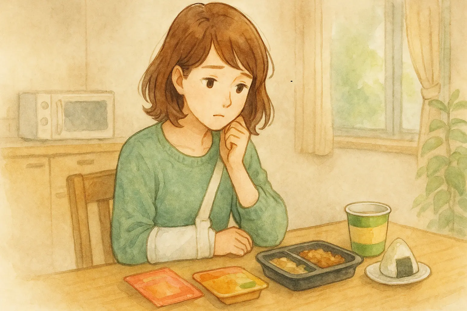 右手を骨折して使えず、左手だけで家事や食事づくりを乗り切ろうとする女性の生活シーン。包帯で固定された右手はテーブルにそっと置かれ、左手だけでなんとか料理や準備を進めている様子を描いた水彩イラスト。