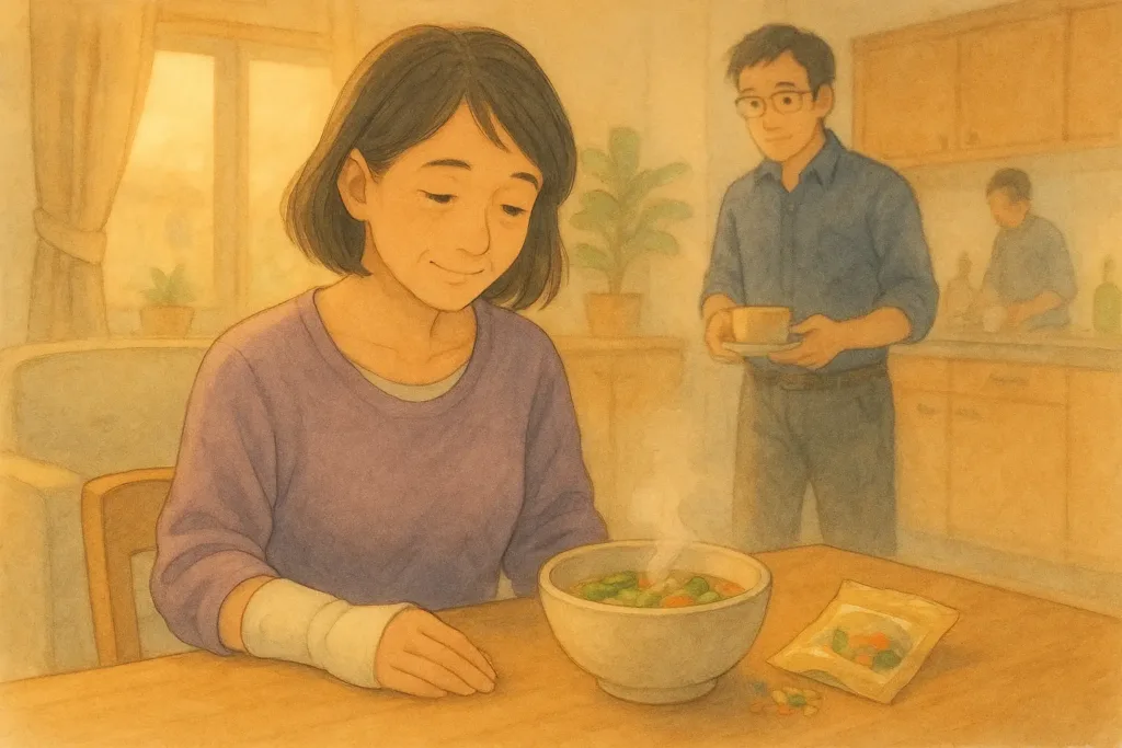 右手を包帯で固定したまりが、昼下がりのキッチンで乾物スープが戻る様子を静かに見つめている。左手は器の側に添え、まことが奥でさりげなく気を配っている。温かな昼光と落ち着いた空気が漂う。